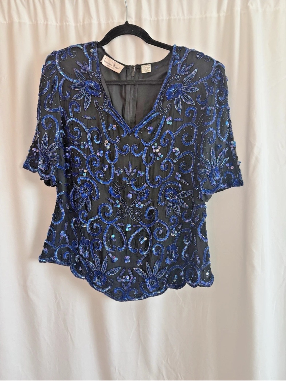Lawrence Kazar Silk Blue and Black Beaded Short Sleeve Evening Top - 1X Plus